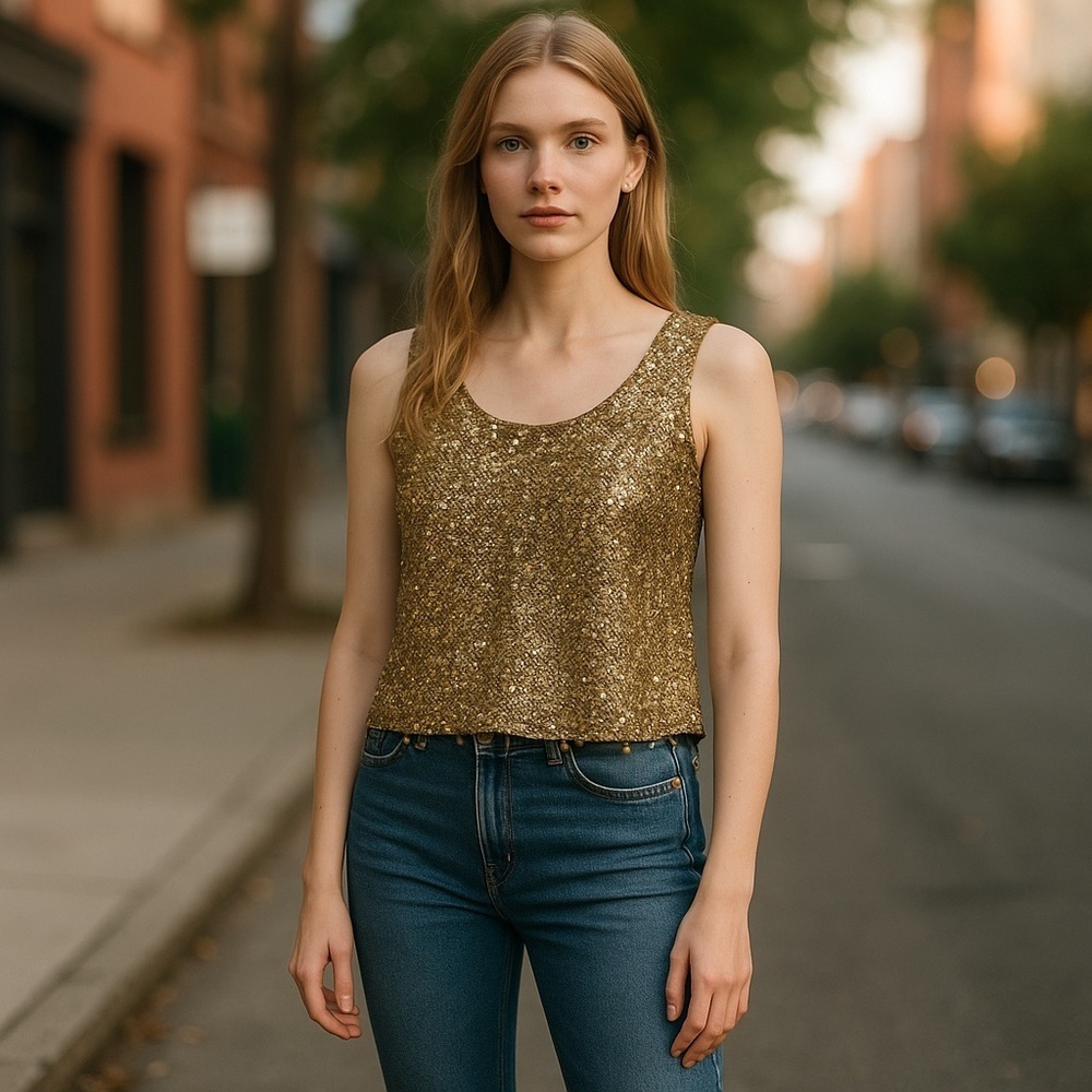 Vintage 60’s Gold Sequined Beaded Lined Sleeveless Cocktail Party Top